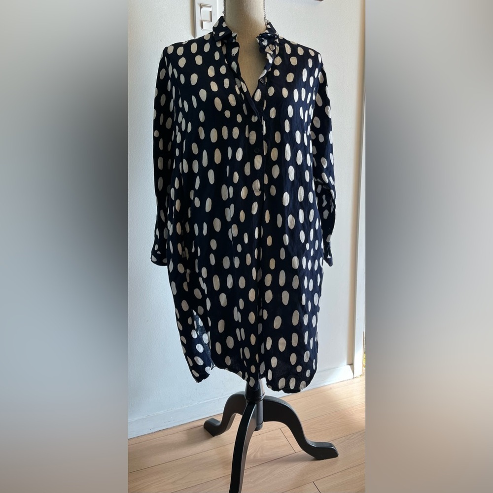 Olga de Polga Navy Polka Dot Linen Blend Shirt Dress - Size 0 (6-8)